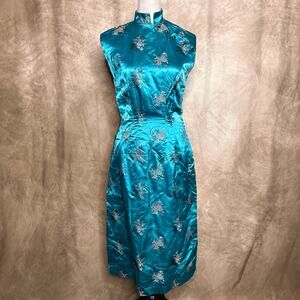 Vintage 90s Cheongsam Dress Satin Floral Embroidered Blue Qipao Sleeveless Midi